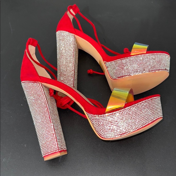 Elegant Red Strappy Heels with Glitter Block Heel - Picture 3 of 3